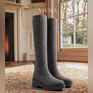 Vivaia Eduarda Knee High Wool Tall Boots Chunky Lug 39 / 8 Gray Water Repellent
